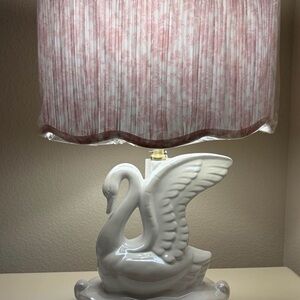 White Ceramic Swan Table Lamp with Pink Fabric Shade